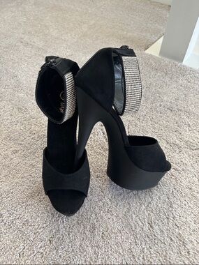 Pleaser Black Platform Evening Heels with Rhinestone Ankle Strap